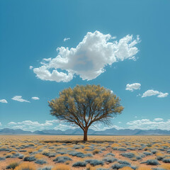 Lonely Tree in Desert Landscape with Blue Sky and Clouds - Realistic Photo