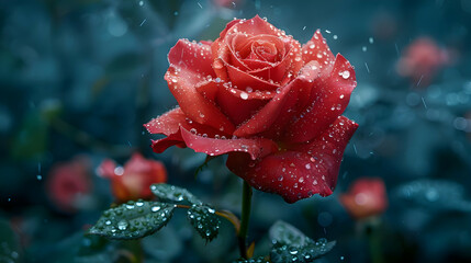 Red Rose Covered in Water Droplets in the Rain - Close Up Photography