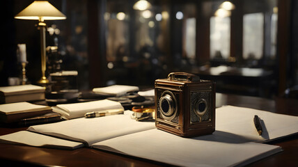 Antique camera, placed on a vintage room table with papers scattered around, nostalgic and vintage aesthetic