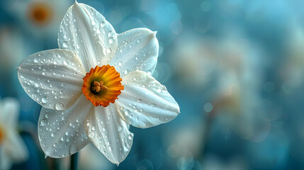 Closeup of White Daffodil with Dew Drops on Petals - Macro Photography
