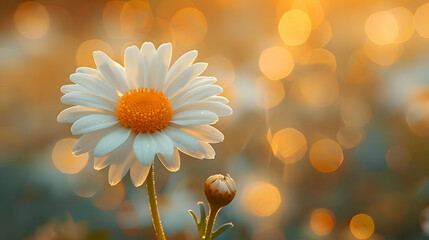 White Daisy Flower with Yellow Center in Golden Bokeh Background - Illustration