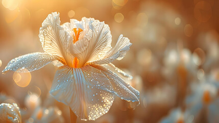 White Iris Flower with Dew Drops in Soft Orange Light, Illustration