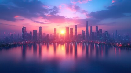 Fototapeta premium Futuristic smart city at sunset, skyscrapers reflecting in a blue background.