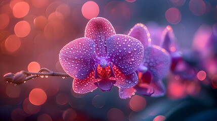 Pink Orchid Flower with Water Drops - Illustration