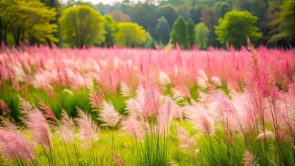 Fototapeta premium A field of delicate pink plumes gently swaying in the breeze, creating a soft and ethereal landscape.