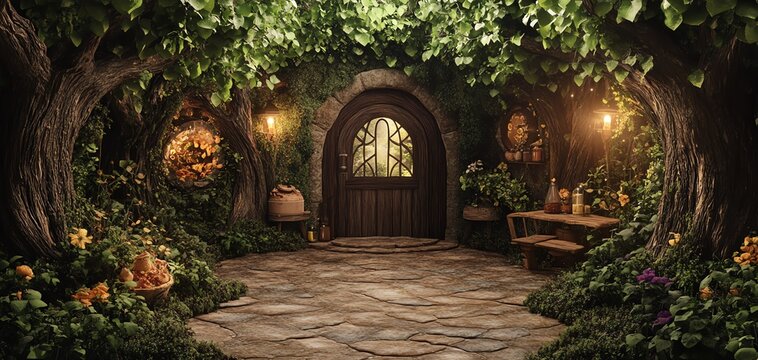 Frontal view of a mystical forest kitchen where trees grow pasta, rivers flow with chocolate, enchanting details