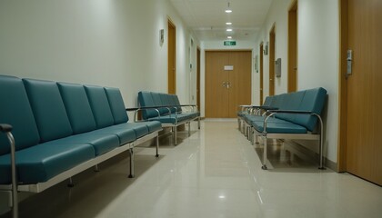 Empty Modern Hospital Corridor. Long hospital bright corridor with rooms and seats 3D rendering. Long Corridor in Hospital 50