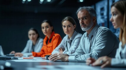 Business team conducting a tabletop exercise, realistic emergency response scenarios on screen, serious expressions