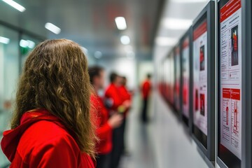 Employees practicing a fire drill in a corporate setting, referencing emergency exit plans displayed on walls