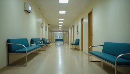 hospital bright corridor with rooms and blue seats 3D rendering 35