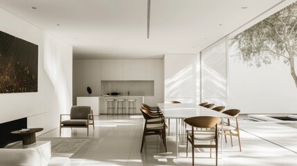 Fototapeta premium Modern dining area with white walls, sleek furniture, and minimalist chairs, bathed in natural light