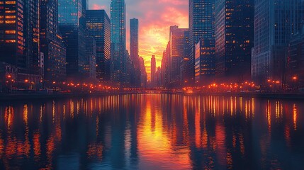 Obraz premium Skyscrapers at sunset, reflecting water in a geometric pattern.