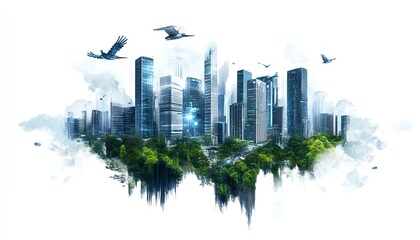Futuristic city skyline, robotic birds soaring, lush greenery intertwined, showcasing harmony between tech and nature