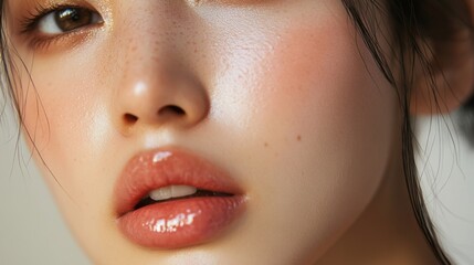 Close-up of a woman's face with freckles, pink cheeks, and glossy lips