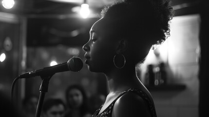 Young poet reading at a cafe mic night expressive and emotive