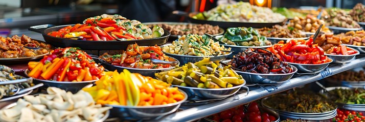 Global Cuisine Food Culture Capture sensory experience of multicultural food market where vendors offer tantalizing array of dishes around world enticing visitors their aromatic flavors vibrant colors