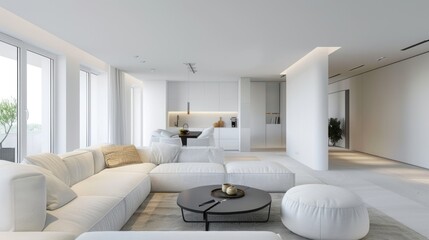 Fototapeta premium Modern living room with white walls and minimalistic furniture, featuring a comfortable sofa and coffee table