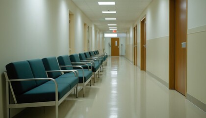 Fototapeta premium Long hospital corridor with empty seats and seats 3D rendering 3