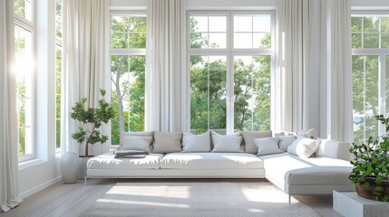 Fototapeta premium Modern living space with white walls, a comfortable sofa, and large windows allowing in natural light