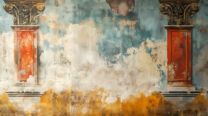 Old wall with retro fresco painting. Renaissance Art. Illustration