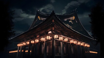 Fototapeta premium Japanese Temple Illuminated by Lantern Light at Night