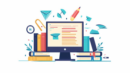 Online education, e-learning, computer with school books, innovative online courses, flat cartoon illustration. Digital Illustration. Illustration