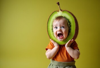 Surprise Expression Baby Kiwi: Infant's Amusing Face in Kiwi Outfit