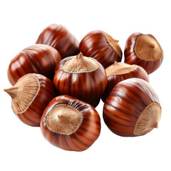 Close-up image of a group of shiny, fresh chestnuts with striped brown shells, perfect for food, nature, and seasonal autumn themes.