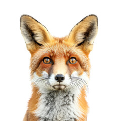 Naklejka premium Close-up portrait of a red fox with detailed fur and expressive eyes, isolated on a white background.