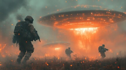 Fototapeta premium Soldiers engage in combat against UFOs, adding a thrilling and imaginative twist to their mission.
