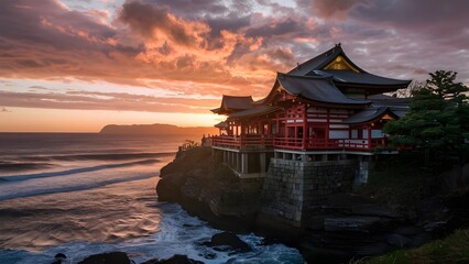 Obraz premium Japanese Temple on a Cliffside at Sunset