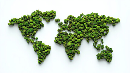 A world map made of green moss, isolated on a white background.