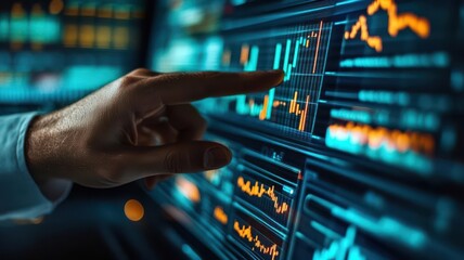 Close-up of an engineer's hand pointing at a control chart on a digital display, discussing process stability