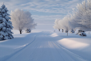 Winter weather, road leading into the distance, snow-covered trees on both sides, white winter landscape