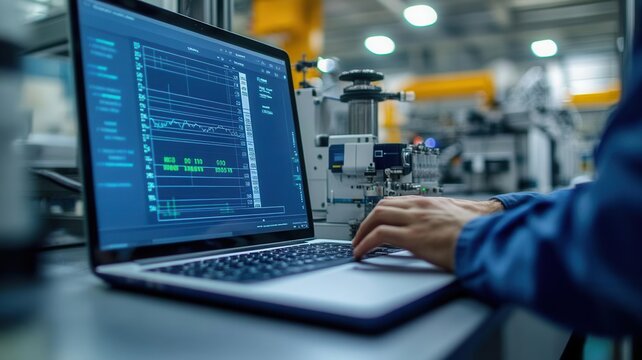 Detailed SPC chart on a laptop screen, technician adjusting parameters in a factory setting