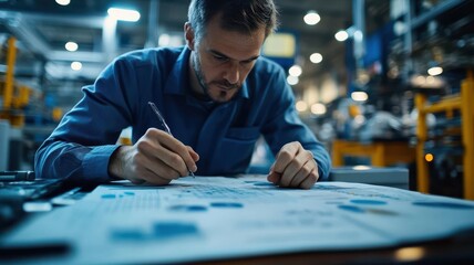 Engineer reviewing SPC reports, quality control graphs, and charts on a desk in a manufacturing environment