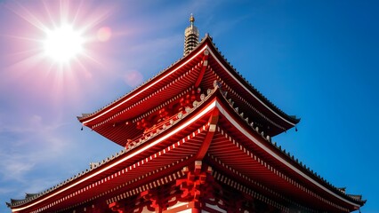 Fototapeta premium Bright Sunny Day Close-Up of Japanese Temple Pagoda