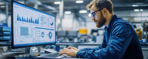 Factory worker using SPC software to monitor quality control, charts and graphs visible on the screen