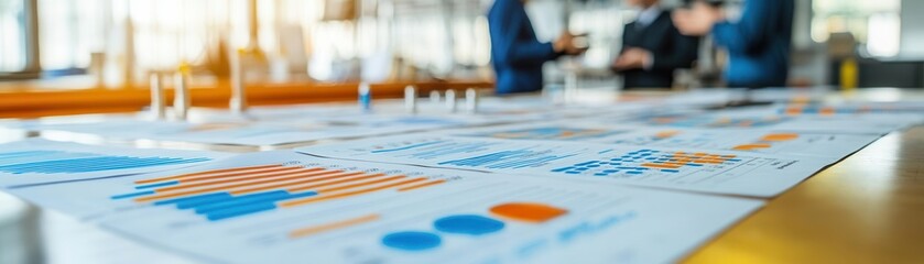 Fototapeta premium Statistical control charts printed and spread across a workbench, engineers in discussion about process improvement