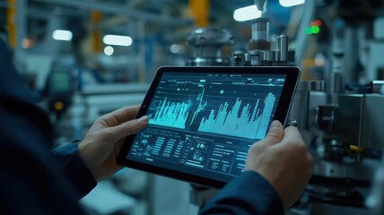 Technician monitoring real-time control charts on a tablet, adjusting machine settings for quality control