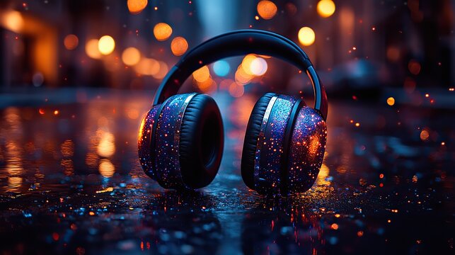 Stereo headphones burst into a festive splash of sparkles and glitters, with vibrant light effects and powerful music beats ready for a party.