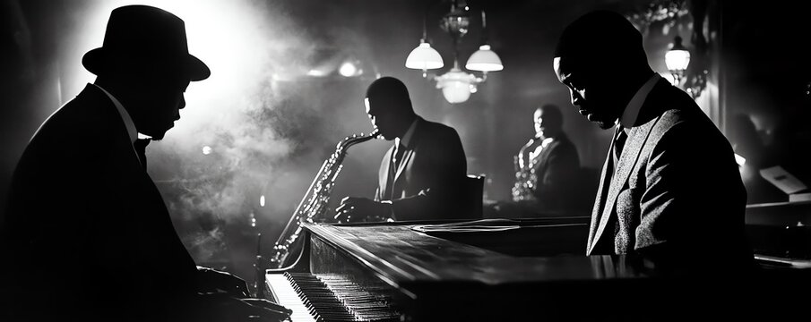 Side view of a 1920s jazz club, musicians playing under dim lights, rich textures in black and white photography art