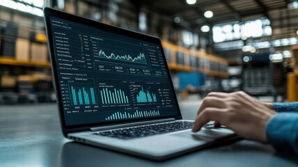 Close-up of procurement software on a laptop showing supplier performance metrics, manager making adjustments