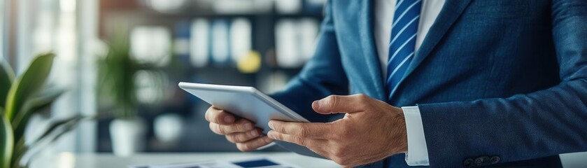 Obraz premium Close-up of procurement officer evaluating multiple supplier bids on a tablet, realistic office setting