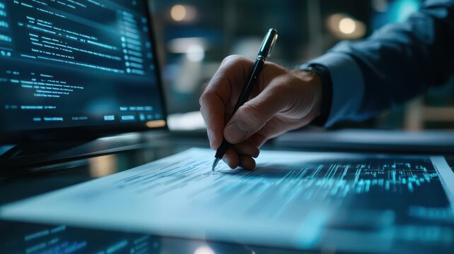 Procurement officer signing off on an electronic purchase order, digital procurement software on screen