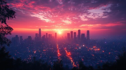 Fototapeta premium The city skyline is illuminated by the soft glow of the sunrise.