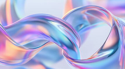 3D render of an abstract background featuring an iridescent glass ribbon in motion against a white backdrop, showcasing close-up holographic colors.