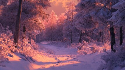 Naklejka premium Snow-Covered Forest Path at Sunset