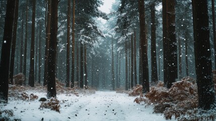 Snow Falling in a Dense Pine Forest