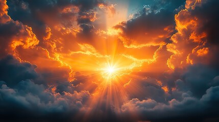 Fototapeta premium The sun breaks through the clouds, creating a dramatic and beautiful sky.